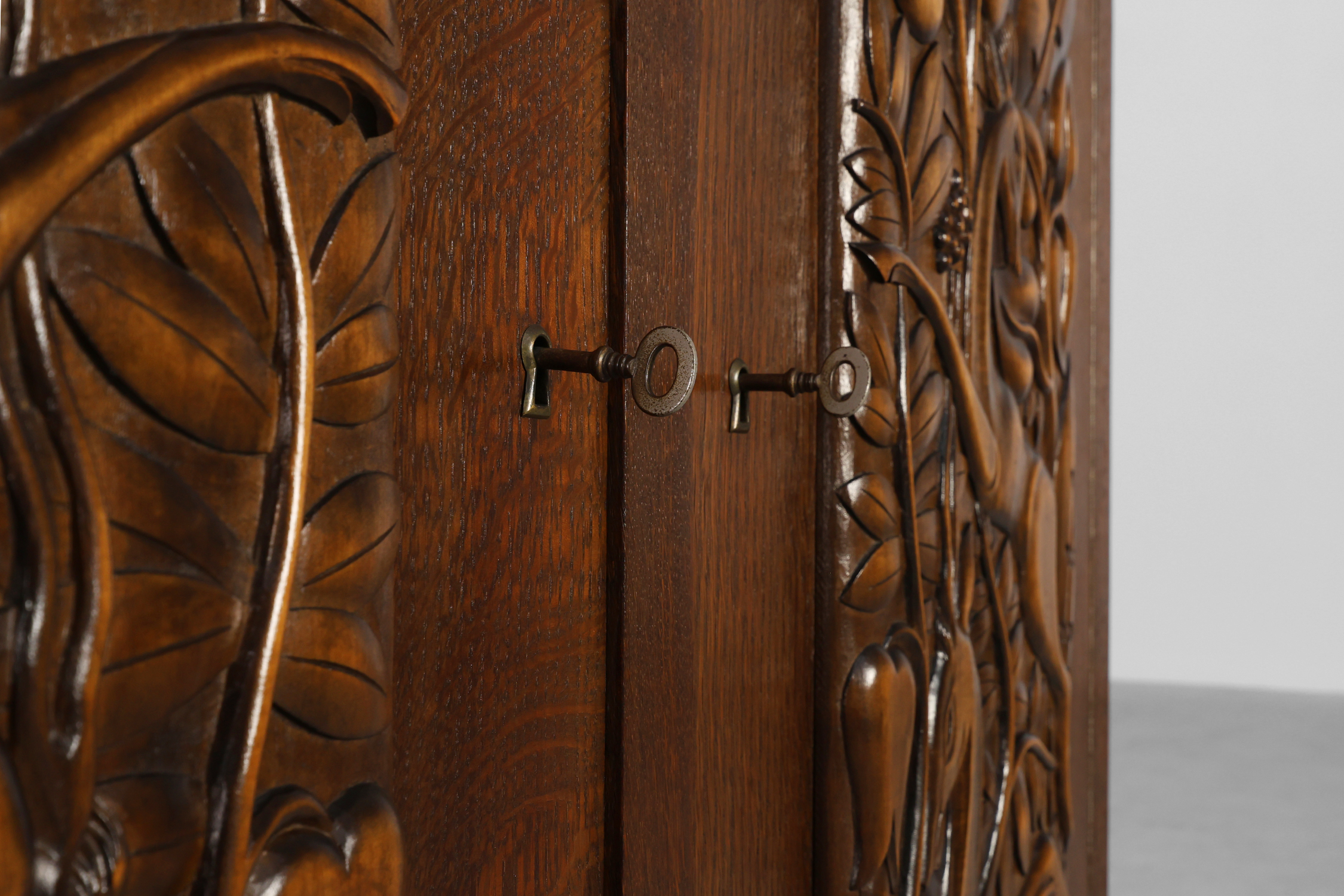 Art Deco Oak Cabinet with Sculptural Carving by Jacques Klein, France 1925 thumbnail